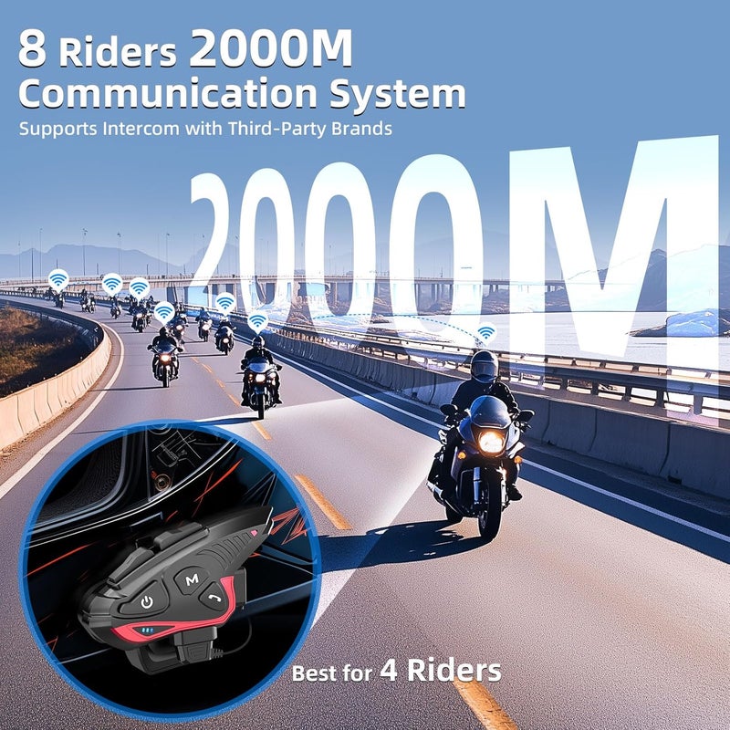 MOMAN Motorcycle Intercom Headset, CP-S 8 Riders 2000M Group Helmet Communication System, Universal Pairing with HiFi Noise Cancellation Music Share FM Radio Helmet Group Communicator for Motorbike - Image 3